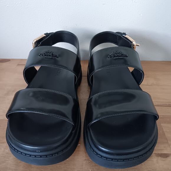 Coach Lockup Two Band Sandal CAP52 Size 6 B - Black Leather - Gold Buckle NWB - Picture 3 of 13